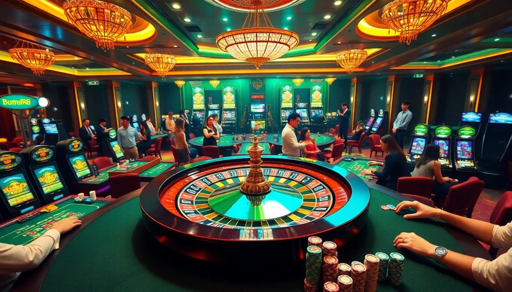 Players enjoying an exciting casino experience with hm88-themed roulette and poker games.