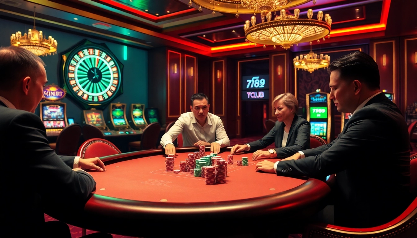 Players at a poker table enjoying a thrilling game at 789club casino, capturing excitement and strategy.