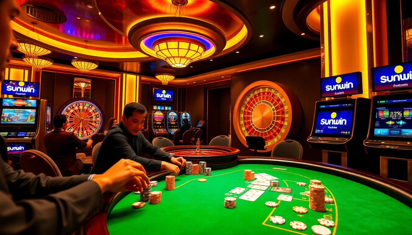 sunwin players enjoying intense poker action at a glamorous casino table