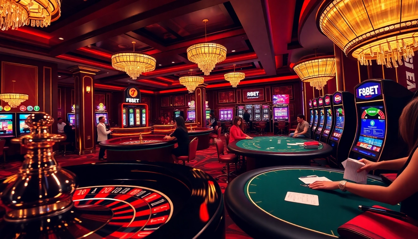 Experience thrilling gameplay at F8BET's luxurious casino, featuring bustling tables and vibrant slot machines.