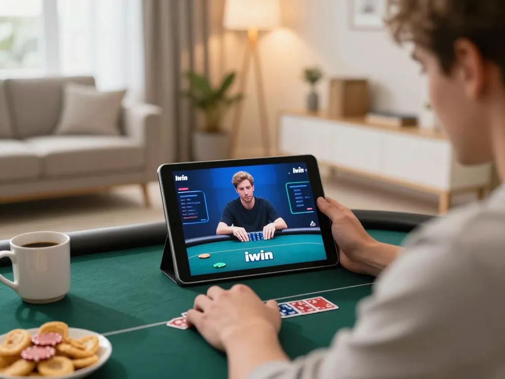 Iwin player enjoying an online poker game at home with cozy atmosphere and snacks