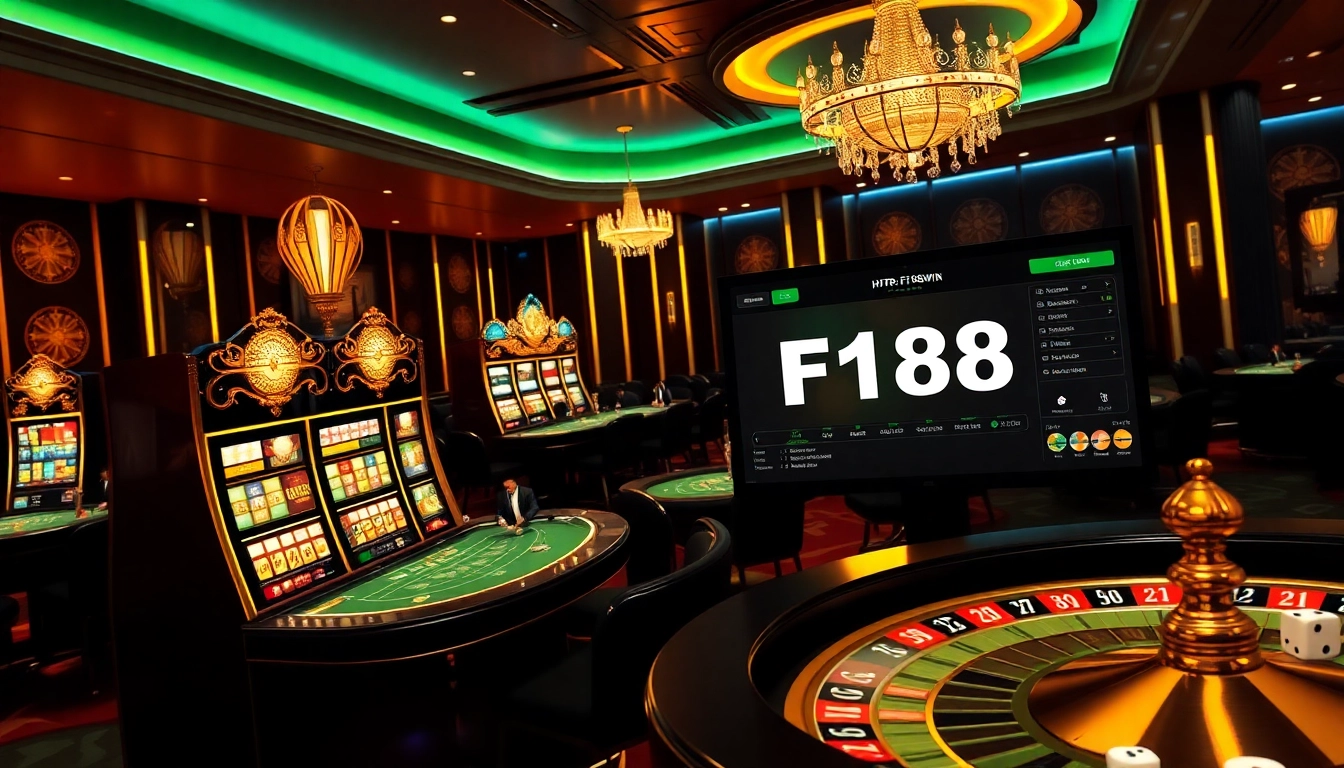 Exciting gambling action at https://f168.win/ featuring stylish slot machines and poker tables.