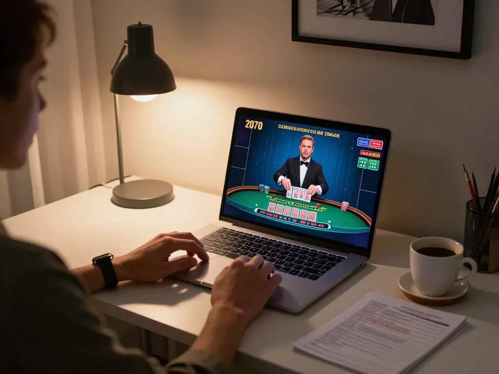 Person using laptop for az888 online blackjack game, showcasing strategic gaming atmosphere