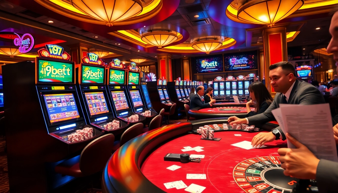 Excited players enjoying diverse games at i9bet casino with vibrant slot machines and tables.