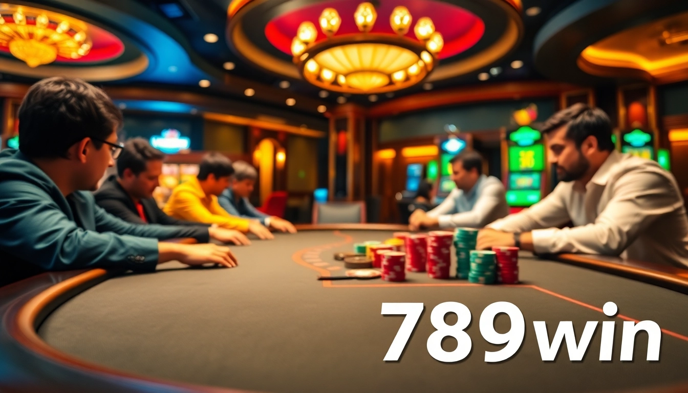 High-stakes poker game at 789win casino, showcasing vibrant chips and engaging players.
