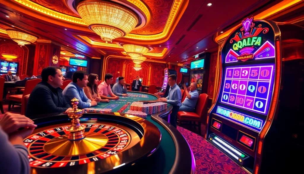 A group of players enjoying the excitement of winning at qqalfa's game tables amidst a vibrant casino atmosphere.