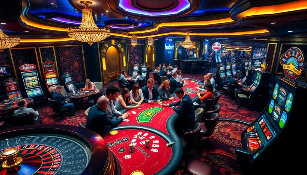 Players enjoying high-stakes poker and roulette at Hubet's luxurious casino setup.