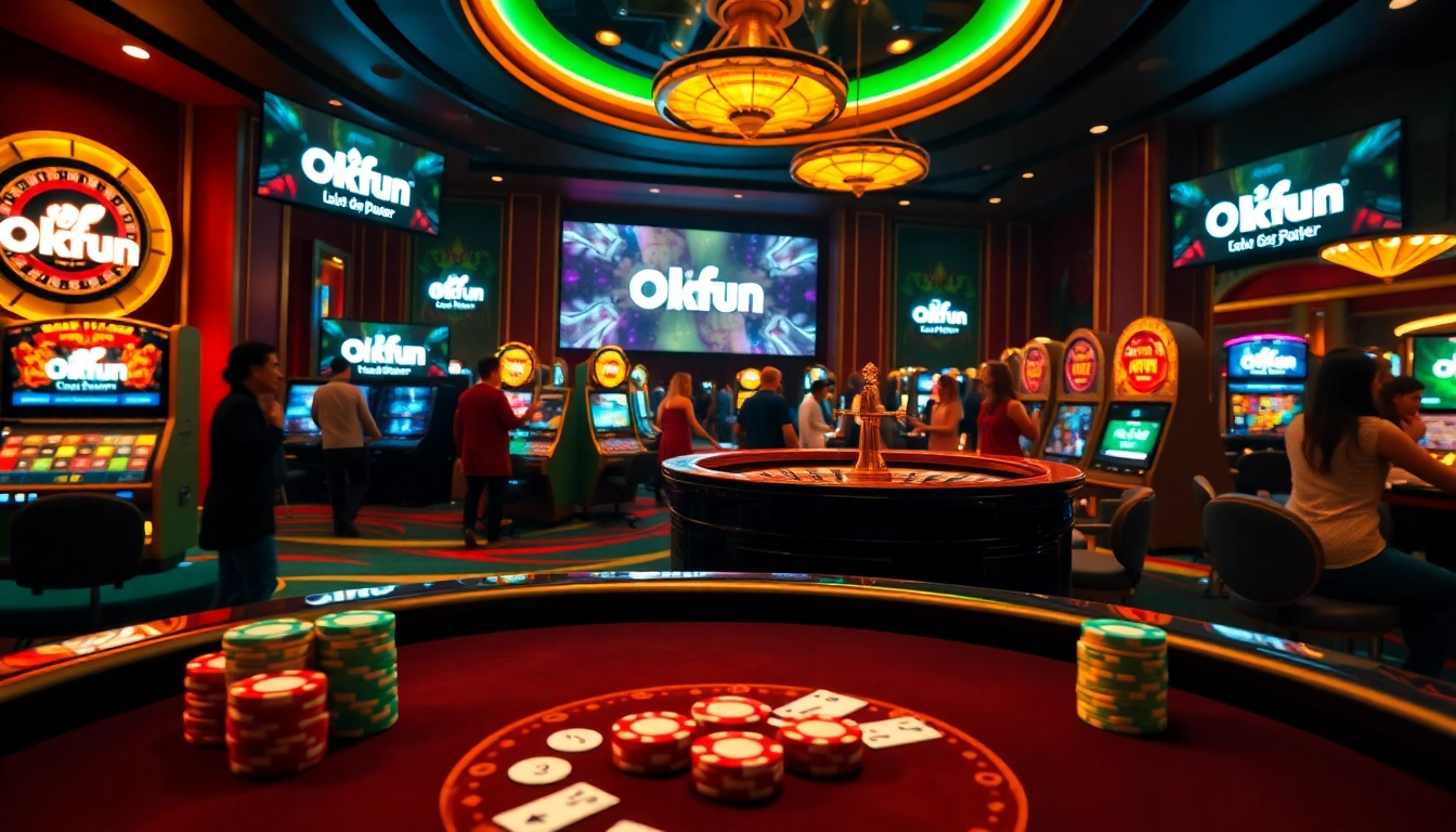 Experience a thrilling game of poker at Okfun with luxurious chips, cards, and vibrant casino lights.