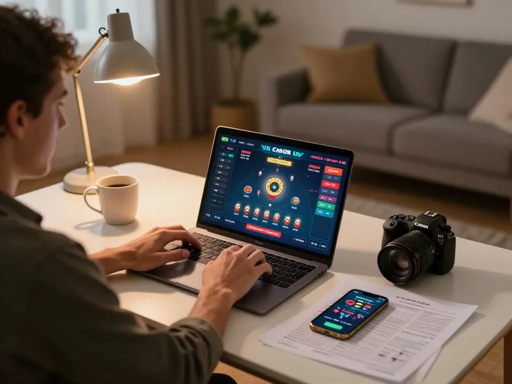 Person engaged in online poker game with NK88 on a laptop, showcasing a cozy home gaming setup.