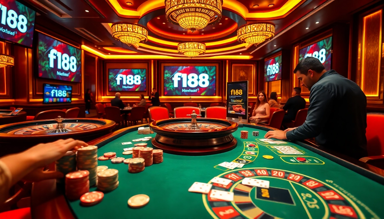 Experience excitement at f168 with players enjoying poker and roulette in a luxurious casino setting.