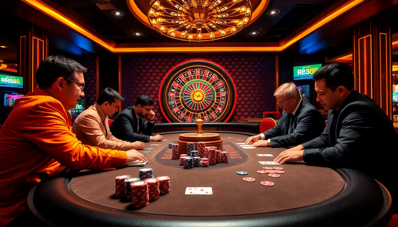 RR88 poker players engaged in a high-stakes game, showcasing casino excitement and strategy.