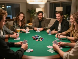 Engaging poker gameplay scene at a home game night showcasing game bài đổi thưởng strategies with friends