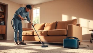 Sofa cleaning in Glasgow showcasing a technician revitalizing a stained couch in a bright living room.