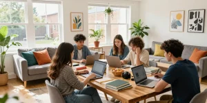 Students collaborating in a vibrant living room of affordable Northampton Student Accommodation, showcasing a cozy and welcoming atmosphere.