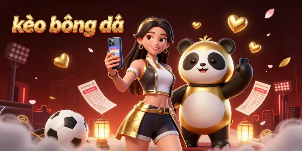 Engage in kèo bóng đá with a vibrant illustration of sports betting featuring an Asian woman and golden panda.