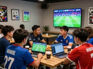 Football fans discussing live NOWGOAL scores in an energetic sports lounge