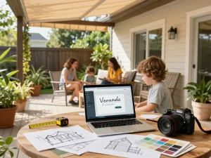 Engaging family using a veranda configurator to design their outdoor space with customized features and vibrant plants.