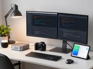 OpenClaw personal AI assistant setup on a developer's tech workspace, showcasing dual monitors and messaging apps.