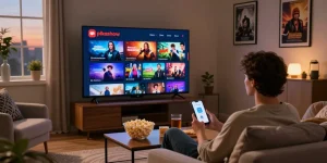 Pikashow APK download scene with a user watching movies on a smart TV, surrounded by snacks in a cozy living room.