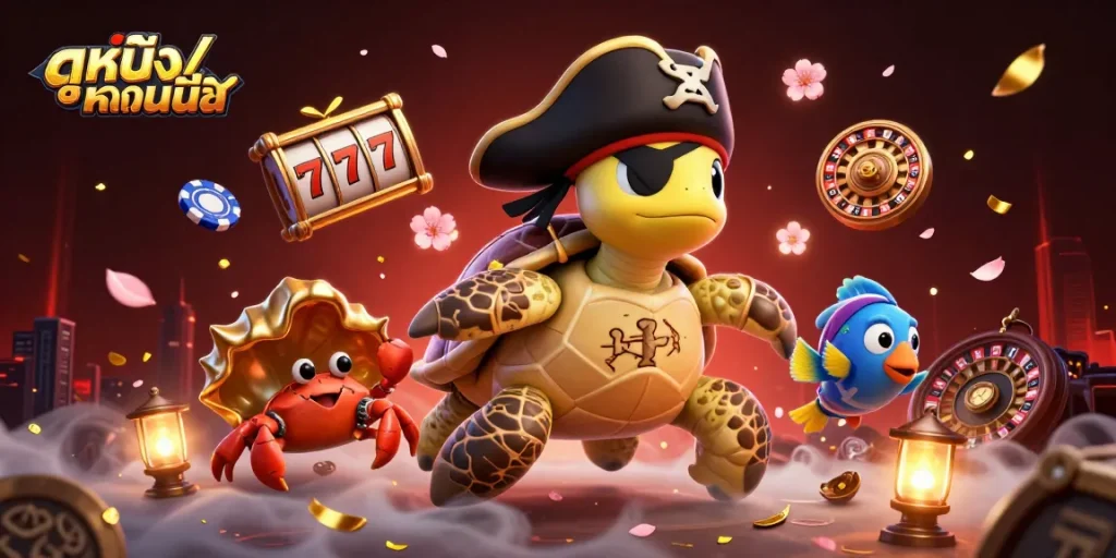 Engage in ดูหนังออนไลน์ with vibrant illustrations of characters playing slots amidst drifting cherry blossoms.