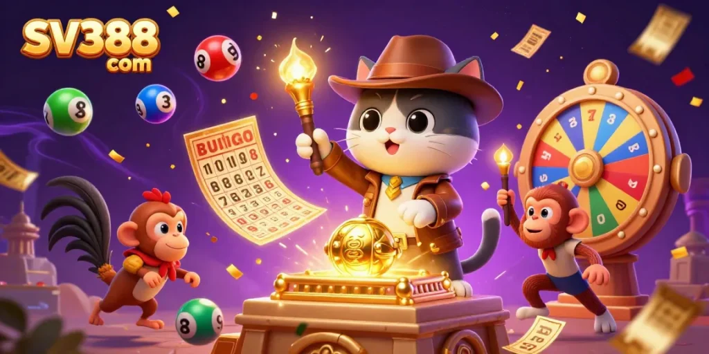 Engage with SV388 com as a cartoon explorer cat uncovers casino treasures in a vibrant cockfighting scene.