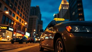 Taxi parked on a vibrant city street, illuminated by evening lights.