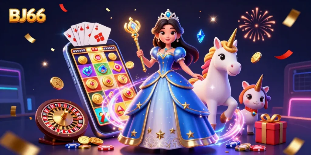 BJ66 brings excitement with a 3D illustration of a royal character and magical elements displaying casino fun.