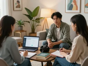 Couple in therapy discussing sex AI and relationships in a modern therapy office.