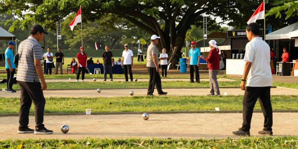 Players engaging in a lively petanque match at fopikotapalu.org's outdoor court
