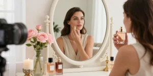 Applying Razamoisele fragrance in a stylish, bright vanity setting.