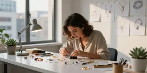 Creating bespoke jewellery London in an urban workshop with artisan tools and gemstones.