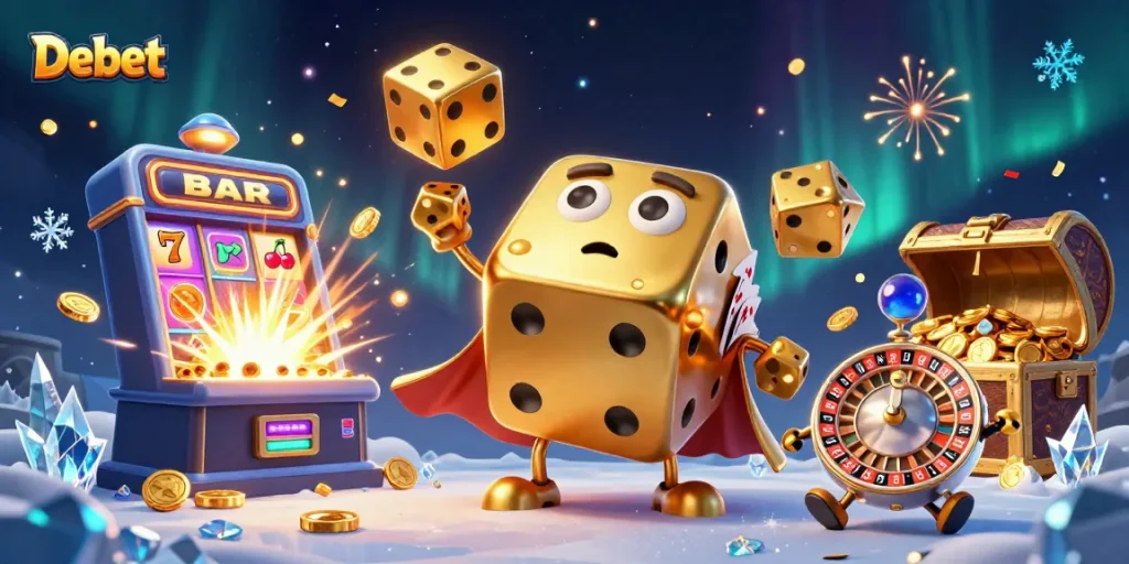 Debet showcases an exciting 3D digital casino scene featuring vibrant animations and thrilling game elements.