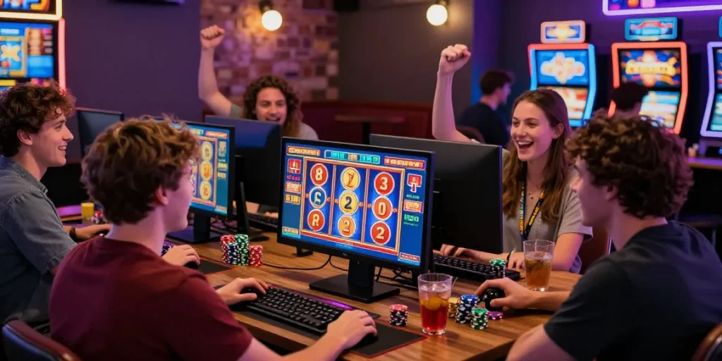 Excited players enjoying bonus buy slots in an inviting online casino atmosphere.