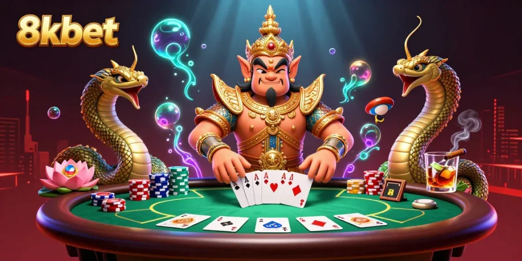 Experience the thrill of 8xbet with traditional Thai guardians and vibrant poker action at a lively casino.