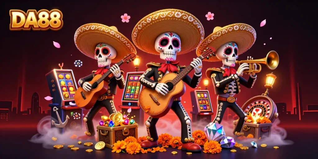 Experience thrilling DA88 gaming moments with interactive slot machines and festive mariachi characters.