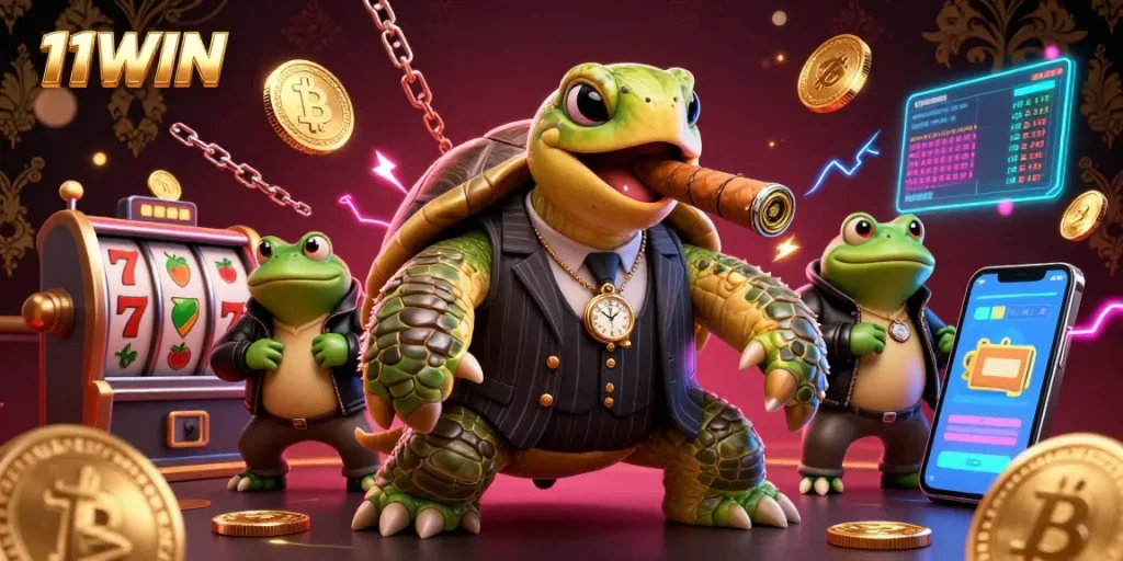 Experience thrilling 11WIN slot action with a snapping turtle mobster surrounded by crypto and casino elements.
