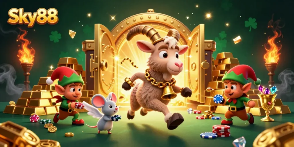 Players enjoy exciting casino action with Sky88's festive Krampus goat and energetic characters in a chaotic setting.