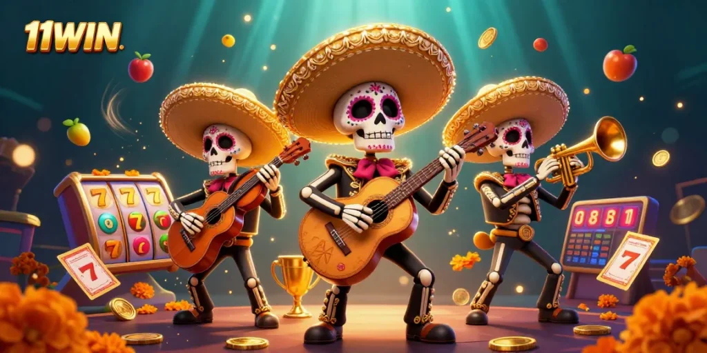 Experience 11WIN excitement with a vibrant casino scene showcasing skeleton mariachi band, slots, and jackpot elements.