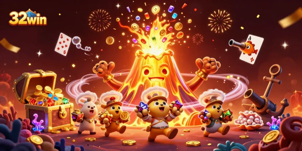 Experience excitement at 32win with a treasure-filled eruption of coins and gems, set in a vibrant casino scene.