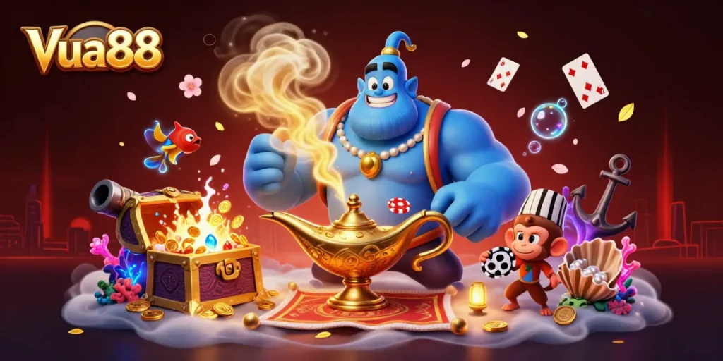 Experience the magic of Vua88 with a vibrant 3D illustration featuring a genie, monkey, and poker chips amidst treasures.