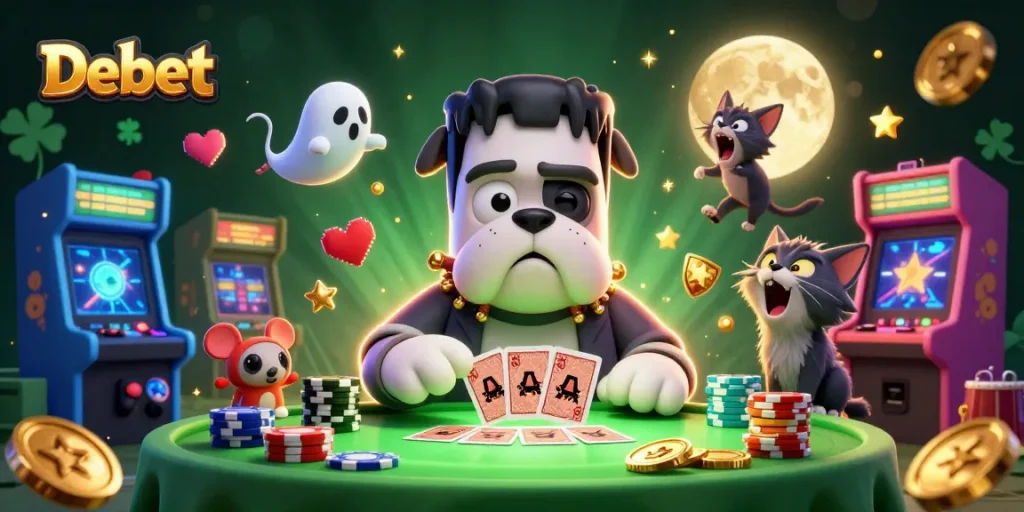 Debet's thrilling casino scene featuring a Frankenstein bulldog monster dealing cards amidst glowing arcade machines and gaming elements.