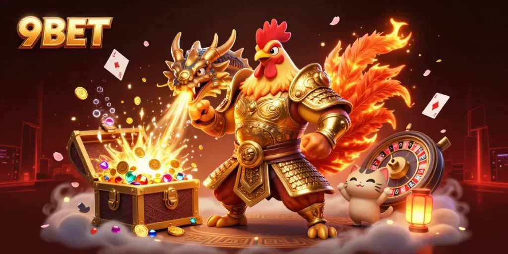 Engage with 9BET's thrilling gaming scene featuring colorful characters and dynamic casino elements.