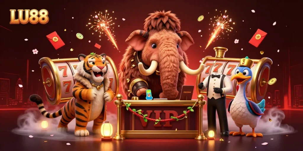 Experience the vibrant LU88 casino scene with a mammoth bouncer and dynamic game elements.
