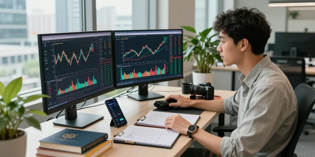Buy BRICS coins in a dynamic workspace with multiple screens showing cryptocurrency trends.