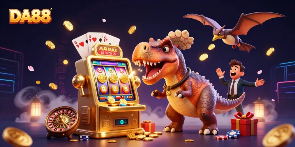 DA88 slot machine jackpot scene with dinosaurs interacting in a casino environment