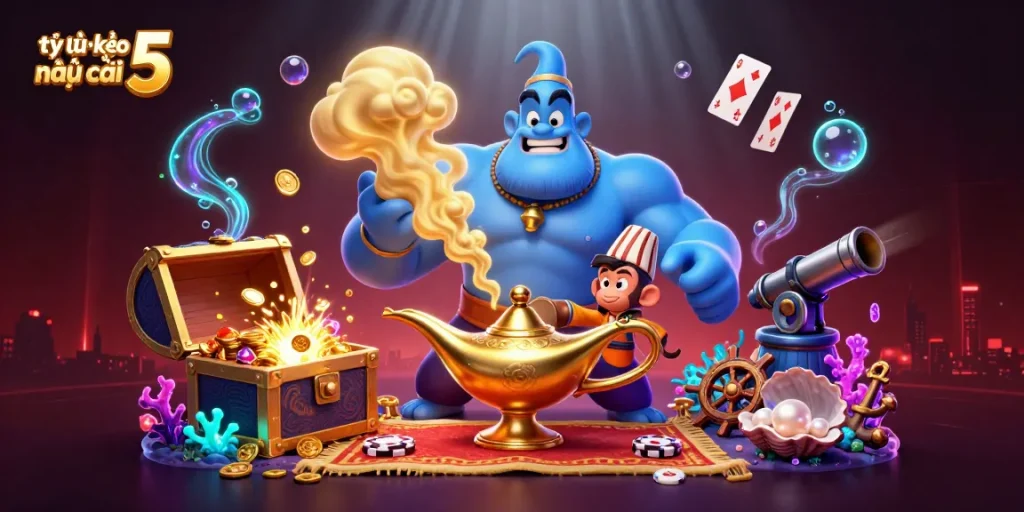 Engage with tỷ lệ kèo nhà cái 5 in a dynamic illustration featuring a genie, monkey, and poker chips.