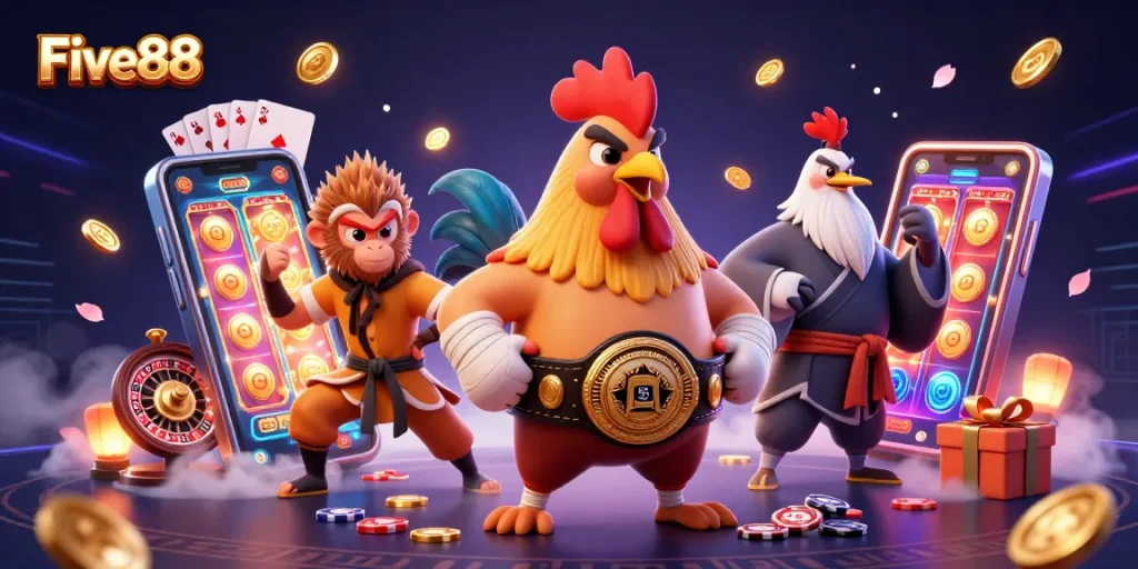 Experience the thrill of winning at Five88, featuring colorful slot games and dynamic characters.