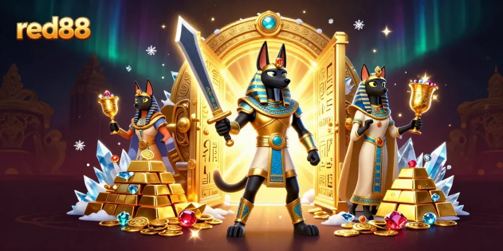 Experience excitement with red88 as Anubis and Bastet guard treasure in a stunning casino scene.