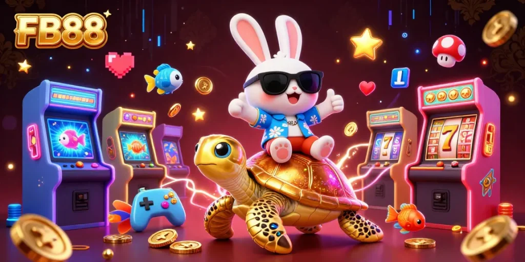 Experience FB88's thrilling jackpot scene with a lucky rabbit and golden turtle in vibrant 3D illustration.