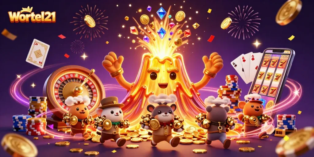 Wortel21 erupts with treasures in a vibrant casino scene filled with coins and excitement.